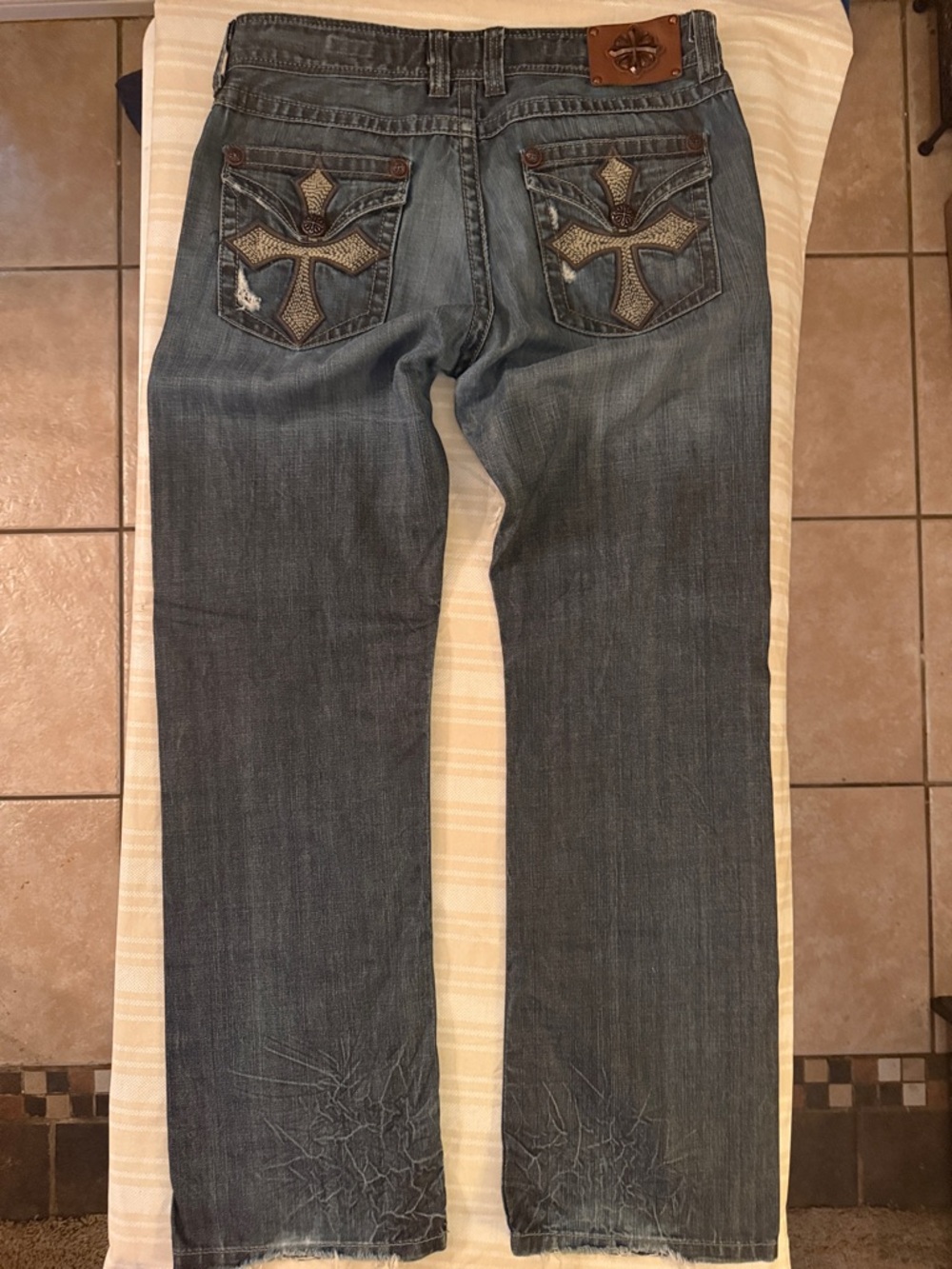 Affliction Distressed Blue Jeans with Embroidered Cross Back Pockets - Picture 7 of 9